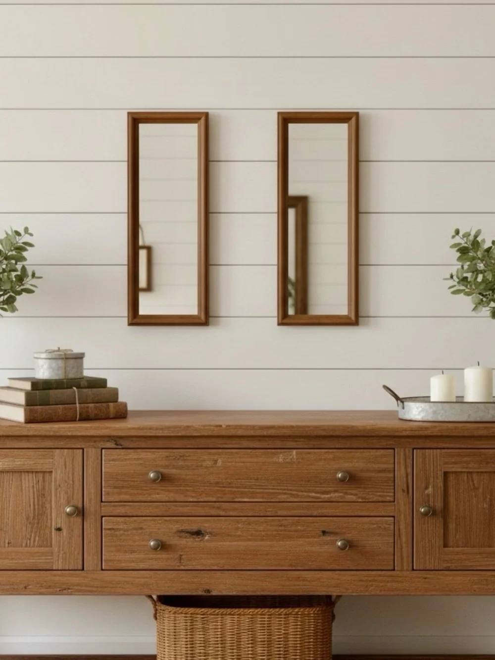 Pair of Small Vintage Rectangular Wood Mirrors Horizontal or Vertical